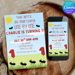 The Ants Go Marching One By One Digital Birthday Invitation, Editable Ants Go Marching Birthday Invite, 1st Birthday Invite, Mobile Invite