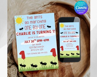 May include: A birthday invitation with the text "The ants go marching one by one, Charlie is turning 1!" The invitation is on a blue sky background with a yellow sun, ants, and a red balloon. A smartphone displays the same design.