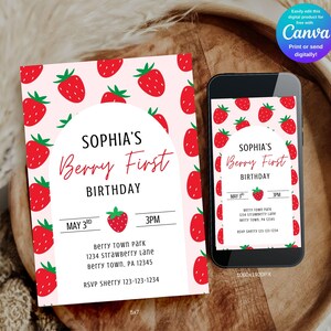 Berry First Birthday Invitation, First Birthday Party Invitation Template, Strawberry Themed Party, First Birthday Invite, Digital Download