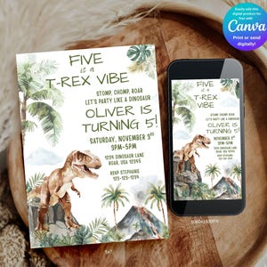 Pode incluir: Convite de anivers&aacute;rio com tema de dinossauro e o texto "Five is a T-Rex Vibe". O design inclui uma ilustra&ccedil;&atilde;o de um T-Rex, palmeiras e um vulc&atilde;o. Um smartphone mostra o mesmo design. O convite tem 5x7 polegadas.