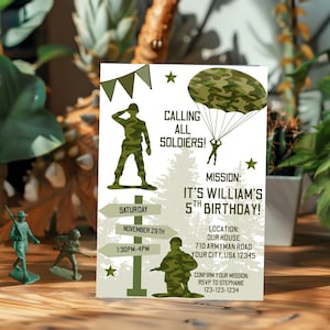 May include: A birthday party invitation with a military theme. The invitation features a camouflage soldier graphic, stars, and the text "Calling All Soldiers!" The invitation includes the date, time, and location for the party.