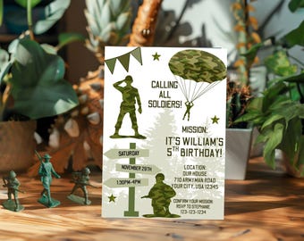 Convite de aniversário editável com tema militar, convite digital para aniversário de soldado, convite de aniversário para menino, convite para celular com soldadinhos de brinquedo.