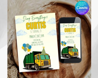 Editable Dump Everything Digital Invitation, Trash Bash Invitation, Garbage Truck Birthday Invitation, Instant Download, Digital Invite