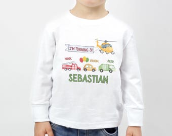 Personalized Transportation Birthday Long Sleeve Tee, Honk Vroom Beep Tee, Traffic Jam Birthday, Trucks Birthday Tee, Vehicles Birthday Tee