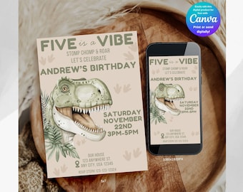 Dinosaur 5th Birthday Invitation Template, Editable T-Rex Evite (Digital Download)