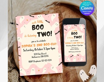 Invitación de cumpleaños editable de Nuestro Pequeño Boo, plantilla de invitación de cumpleaños de Nuestro Pequeño Boo tiene dos años, invitación de cumpleaños de Halloween, invitación móvil