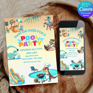 Peut inclure: Une invitation à une fête au bord de la piscine et un smartphone affichant le même design. L'invitation présente des dinosaures de dessins animés, le texte "Swim on Over for a Pool Party" et les détails de l'événement.