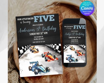 Invitación de cumpleaños editable con diseño de coche de carreras, ideal para fiestas de carreras (descarga digital).
