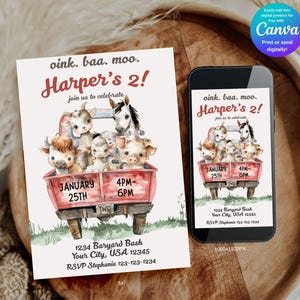 Könnte beinhalten: Eine Einladung und ein Smartphone zeigen eine Aquarellillustration für eine zweite Geburtstagsfeier. Das Design zeigt Nutztiere in einem roten Wagen mit dem Text "oink. baa. moo. Harper's 2!" und Veranstaltungsdetails.