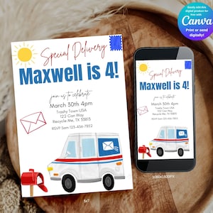 Invitación de cumpleaños de camión de correo de entrega especial • Invitación de cumpleaños de cartero editable • Tema de camión de correo • Descarga instantánea • Camión de reparto