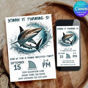 May include: A shark-themed birthday party invitation featuring a detailed illustration of a shark emerging from water. The invitation includes the text "Jonah is turning 5!" and party details: September 15, 2-4 PM.