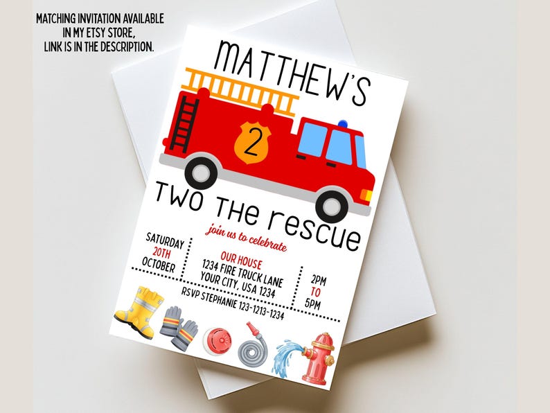 Puede incluir: Una tarjeta de invitaci&oacute;n de cumplea&ntilde;os rectangular con un cami&oacute;n de bomberos rojo, una escalera amarilla y el n&uacute;mero 2 en el lateral. El texto dice MATTHEW'S TWO THE RESCUE, con detalles para una fiesta el s&aacute;bado 20 de octubre en 1234 Fire Truck Lane.
