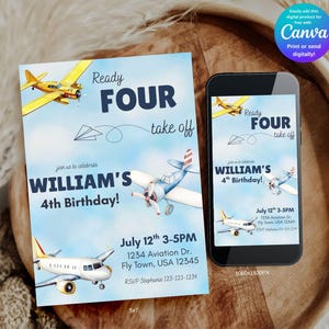 May include: A birthday invitation design featuring watercolor airplanes and the text "Ready FOUR take off" with the name "WILLIAM'S" and "4th Birthday!". The invitation is displayed on a phone and a printed card.