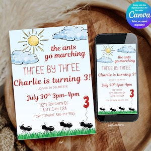Editable The Ants Go Marching Three by Three Digital Birthday Invitation, Ants Go Marching Birthday, 3rd Birthday Invite, Mobile Invite