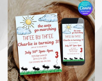 May include: A birthday invitation with the text "the ants go marching" and "Charlie is turning 3!" displayed on a white card and a smartphone screen. The invitation includes a sun, clouds, ants, and a red number 3 balloon.