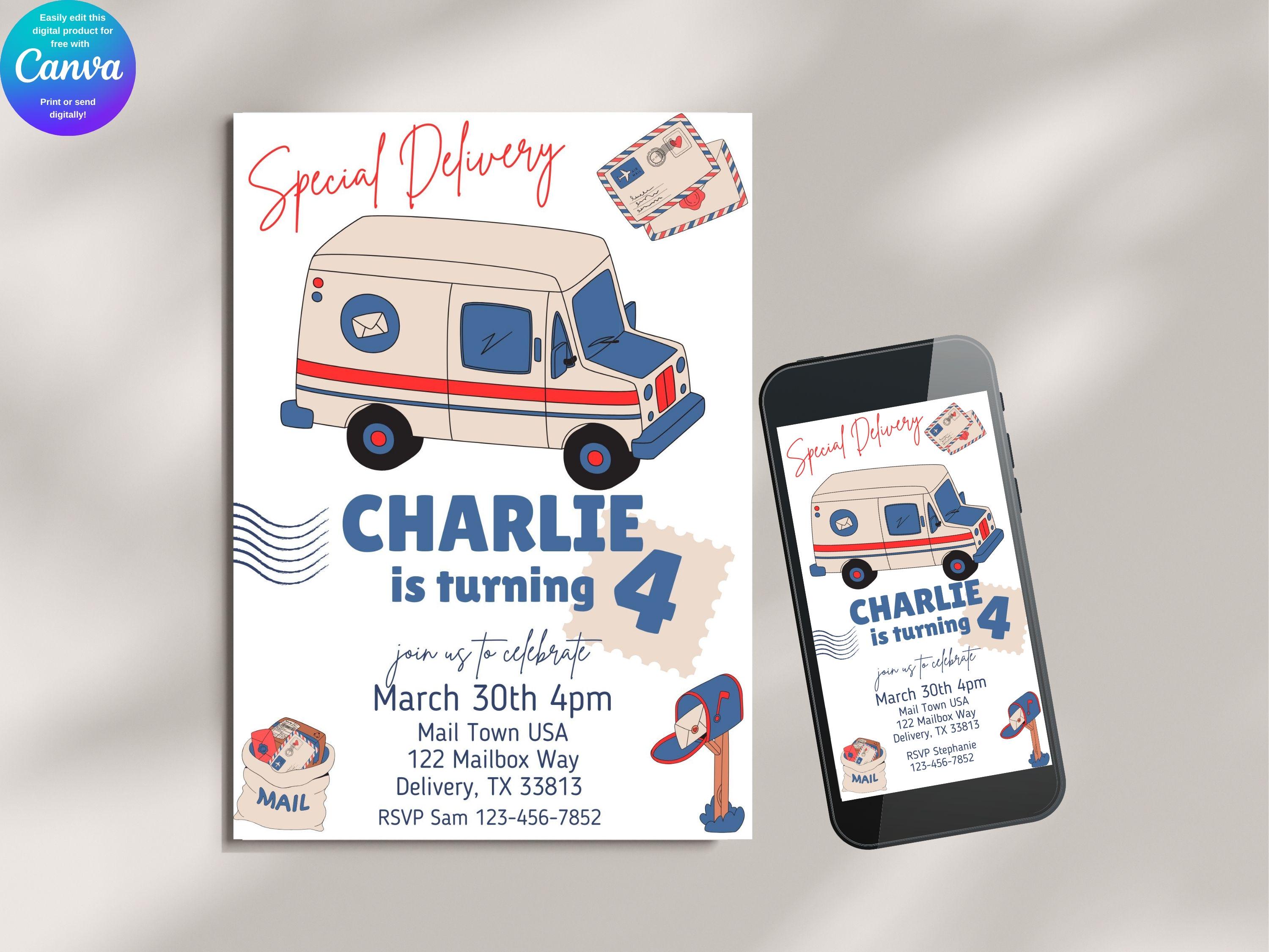 Special Delivery Mail Truck Birthday Invitation • Editable Mailman ...