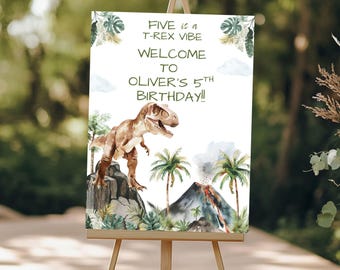 Placa de boas-vindas editável "Cinco é um Rex", festa de aniversário de 5 anos com tema de dinossauros, download digital.