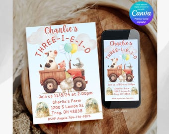 Editable Three-I-E-I-O Farm Birthday Invitation, Farm Birthday Invite, Farm Evite, Invite Instant Download, Old MacDonald Invite Template