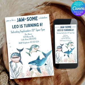 May include: A birthday invitation and a smartphone display a watercolor design with sharks, seaweed, and coral. The invitation reads "LEO IS TURNING 6!" with event details. The smartphone shows the same design. The invitation is 5x7 inches.