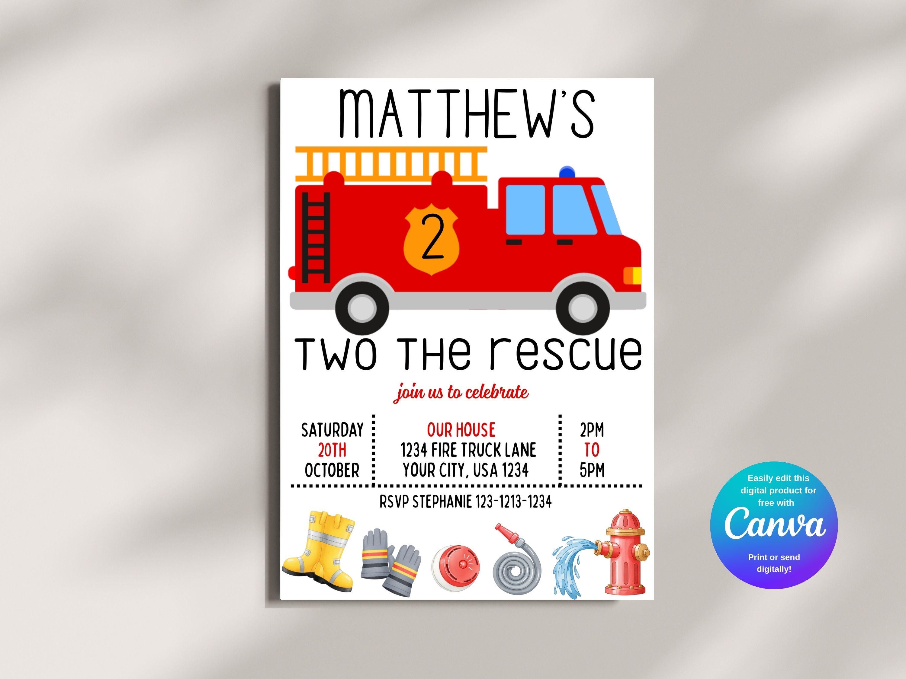Fire Rescue Invitations Editable Two the Rescue Fire Truck Birthday Invitation, Digital ...