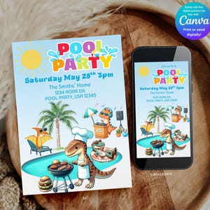 Peut inclure: Une invitation à une pool party et un smartphone affichant le même design. L'invitation présente le texte "POOL PARTY" en lettres colorées, un soleil, des palmiers et des dinosaures de dessins animés. Le smartphone affiche le même design.