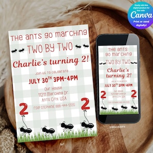 The Ants Go Marching Two By Two Digital Birthday Invitation, Editable Ants Go Marching Birthday Invite, 2nd Birthday Invite, Mobile Invite