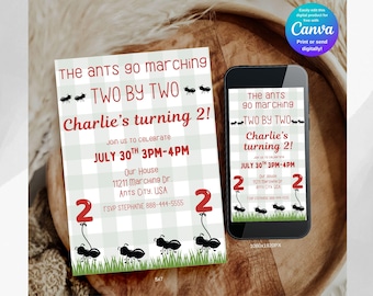 May include: A birthday invitation and a smartphone displaying the same design. The invitation reads "The Ants Go Marching, Two by Two, Charlie's turning 2!" with event details. The design includes ants and balloons.