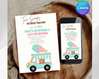 Deux boules valent mieux qu'une invitation numérique modifiable, faire-part d'anniversaire de frères et sœurs, faire-part d'anniversaire crème glacée, fête garçon et fille