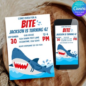 May include: A birthday invitation with a shark theme. The invitation reads "Come over for a BITE! Jackson is turning 6!" with the date, time, and location. A smartphone displays the same invitation. The design includes a cartoon shark.