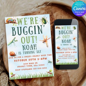 May include: A birthday party invitation with the text "We're Buggin' Out!" featuring illustrations of insects. The invitation is on a white background with a watercolor style design and includes the name "Noah" and party details.