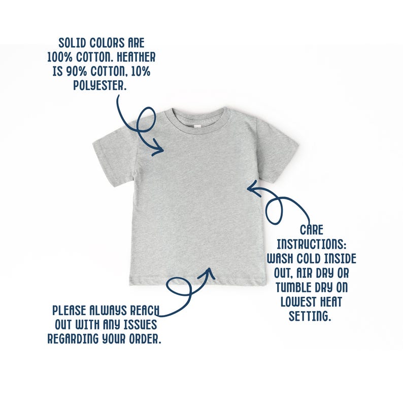 Puede incluir: Una camiseta gris jaspeado de manga corta con texto superpuesto. El texto dice: Solid colors are 100% cotton. Heather is 90% cotton, 10% polyester. Care instructions: wash cold inside out, air dry or tumble dry on lowest heat setting.