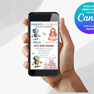 Puede incluir: Una invitación digital para una fiesta de cumpleaños conjunta para Arlo y Sophie. La invitación presenta un robot y una princesa con el texto "Robots & Tiaras" y "5th Birthday!" La invitación incluye la fecha, la hora, la ubicación y la información de RSVP.
