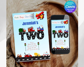 Transportation Second Birthday Invitation Template, Digital Invite Vehicles Second Birthday, Honk Beep Choo Choo I'm Two Birthday Invite