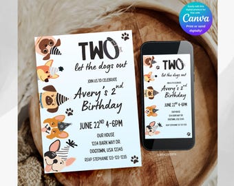 Convite de aniversário editável para dois com tema de cachorros, download digital, convite para festa de aniversário com cachorros, convite eletrônico para festa de 2 anos.