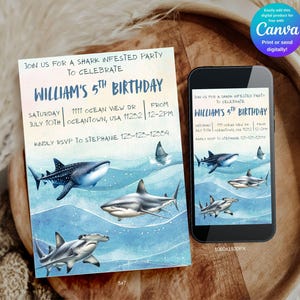 May include: A shark-themed birthday party invitation with watercolor illustrations of various sharks, including a whale shark, hammerhead shark, and others. The invitation is displayed on a smartphone and a printed card.