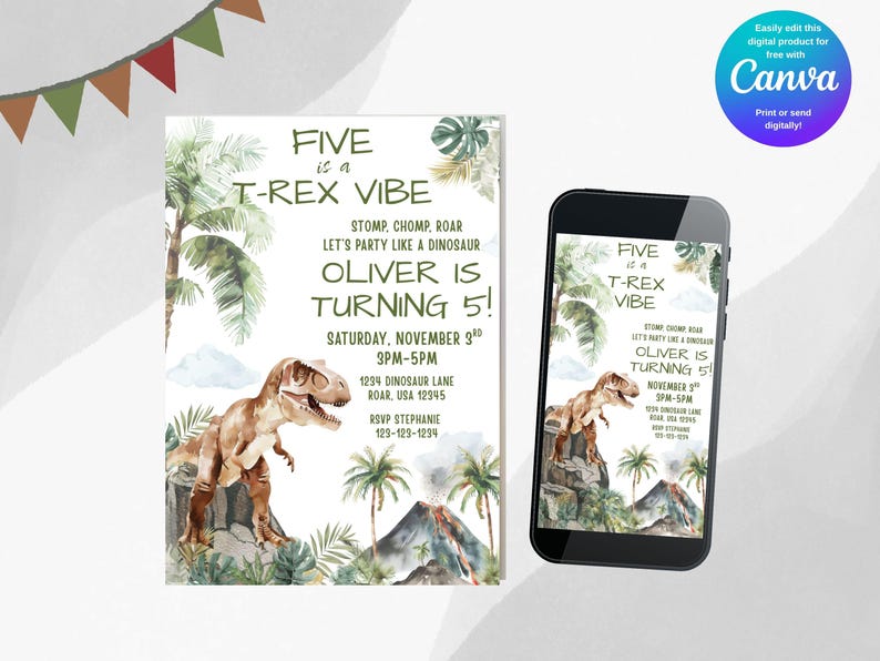 Pode incluir: Um convite com tema de dinossauro com o texto "Five is a T-Rex Vibe" e "Oliver est&aacute; a fazer 5 anos!" O design inclui uma ilustra&ccedil;&atilde;o em aquarela de um T-Rex, palmeiras e um vulc&atilde;o. Um smartphone mostra o mesmo design.