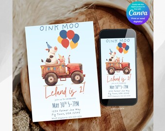 May include: A birthday invitation with the text "Oink Moo" and "Leland is 2!" features a watercolor illustration of a cow and pig on a red tractor with balloons. The invitation is 5x7 inches.