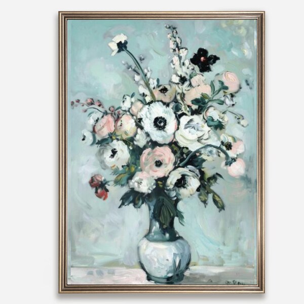 Wild Flower Still Life Painting Neutral Vintage Wall Art PRINTABLE Downloadable Vintage Art Print