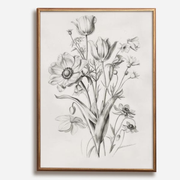 Vintage Floral Print, Antique Flower Printable Wall Art, Flower Sketch, Botanical Farmhouse Décor, Spring French Country Digital Art