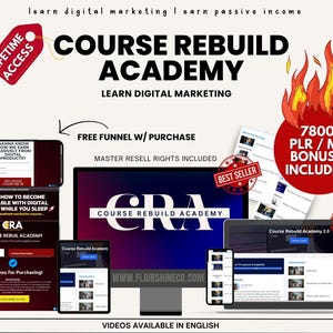 May include: A digital marketing course called "Course Rebuild Academy" with a red and white "Lifetime Access" badge, a red "Best Seller" badge, and a red "Free Funnel w/ Purchase" banner. The course includes over 7,800 PLR and MRR bonuses. The course is available in English.