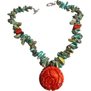 Vintage Coral Carved Rose And Turquoise 18 Inch Necklace