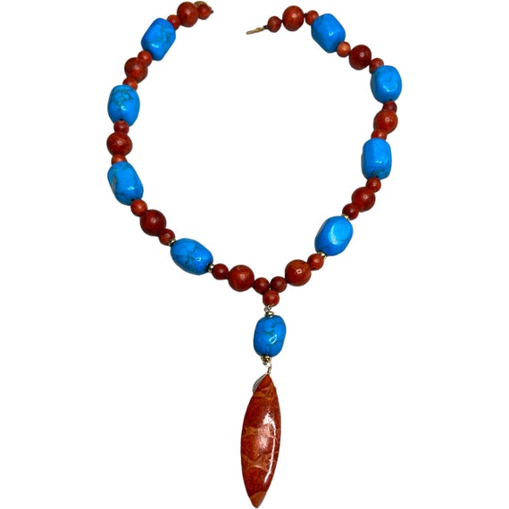Vintage 18 inch Turquoise And Red Agate Necklace … - image 2
