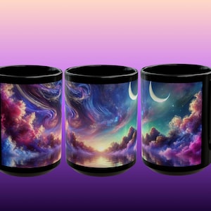 May include: Three black ceramic mugs with a wrap-around design featuring a dreamy landscape. The artwork depicts a colorful sky with swirling clouds, a crescent moon, and a reflective body of water. The mugs have a capacity of approximately 15 ounces.