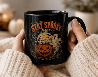 Vintage Halloween Mug | Ghost Pumpkin Black Ceramic Coffee Cup