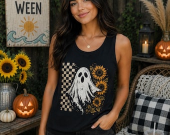 Camiseta sin mangas con estampado de girasoles fantasma / Camiseta Summerween / Diseño retro desgastado