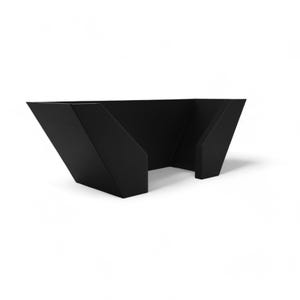 May include: Black plastic plant pot with a unique angled design. The pot has a wide opening and a narrow base.