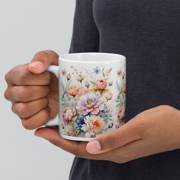 Pressed Flower Mug, Vintage Botanical Tea Mug, Pastel Floral Nature Mug, Flower Garden Lover Gift, Mug for Mom