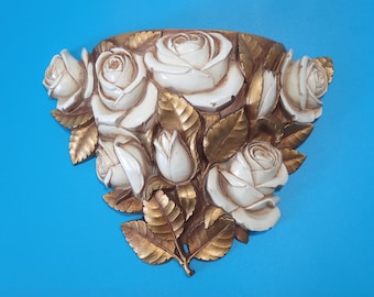 Vintage Homco  Syroco White Rose and Gold tone Leaf Wall Pocket