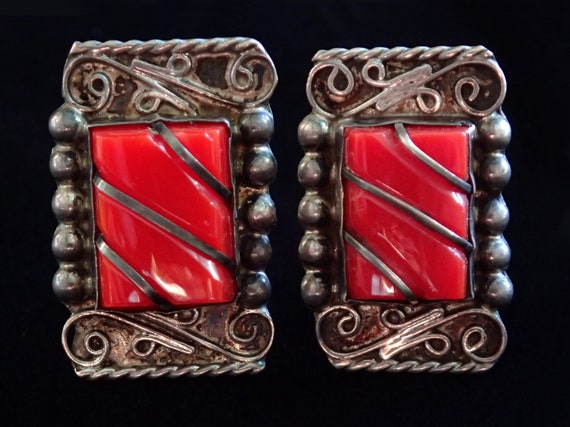 Vintage Native American silver earrings with larg… - image 1
