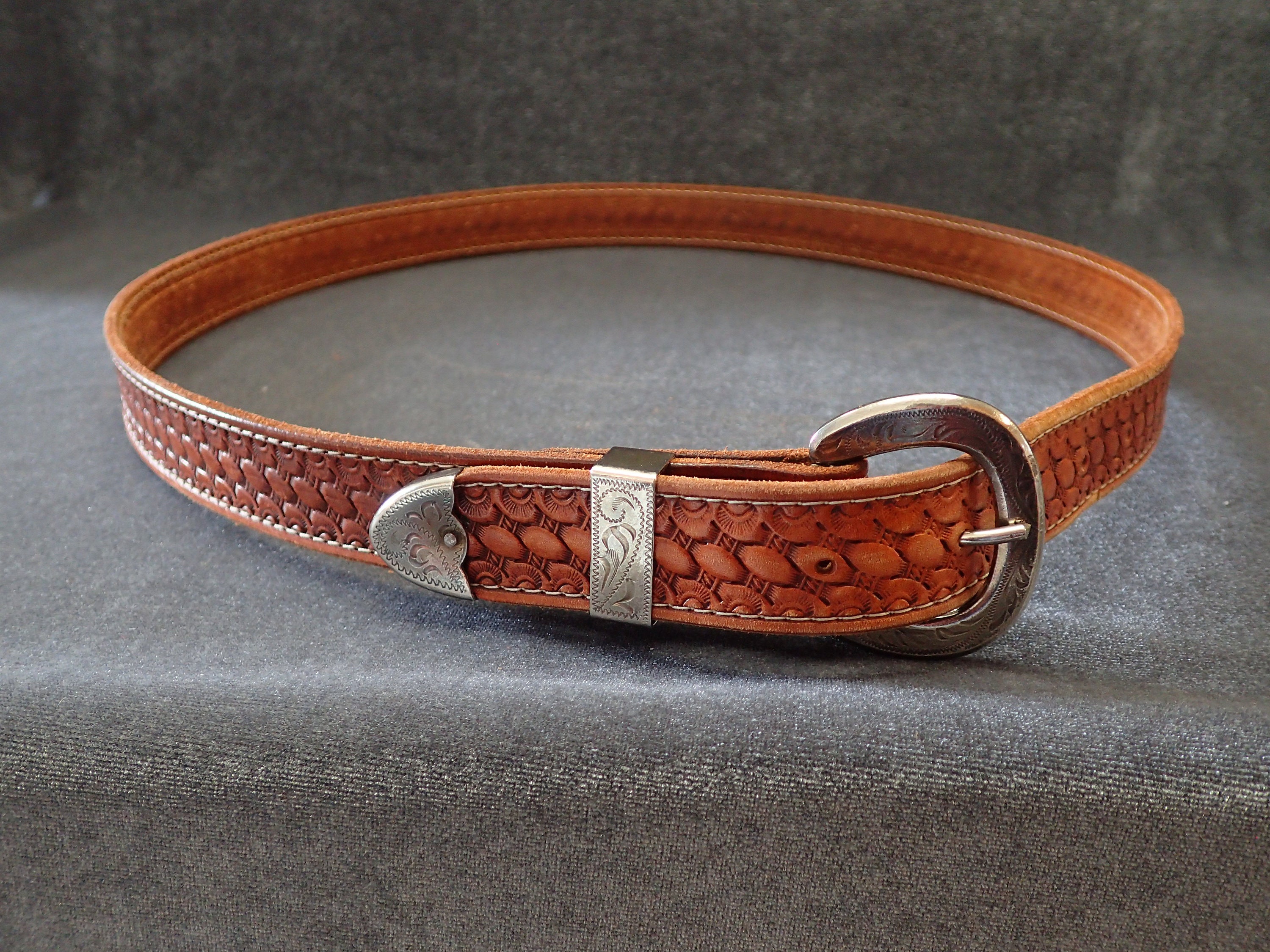 Vintage Leather Belt With Alpaca Mexico Nickle Silver Belt 
